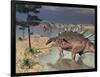 Kentrosaurus Dinosaurs Walking in the Water Next to Sand and Trees-null-Framed Art Print