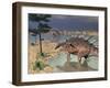 Kentrosaurus Dinosaurs Walking in the Water Next to Sand and Trees-null-Framed Art Print