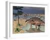 Kentrosaurus Dinosaurs Walking in the Water Next to Sand and Trees-null-Framed Art Print