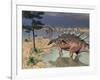 Kentrosaurus Dinosaurs Walking in the Water Next to Sand and Trees-null-Framed Art Print