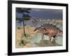 Kentrosaurus Dinosaurs Walking in the Water Next to Sand and Trees-null-Framed Art Print