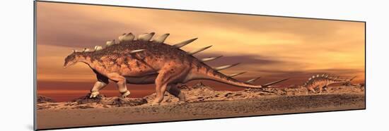 Kentrosaurus Mother and Baby Walking in the Desert by Sunset-null-Mounted Art Print