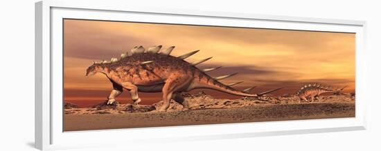 Kentrosaurus Mother and Baby Walking in the Desert by Sunset-null-Framed Premium Giclee Print