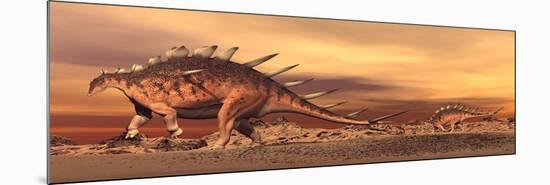 Kentrosaurus Mother and Baby Walking in the Desert by Sunset-null-Mounted Art Print