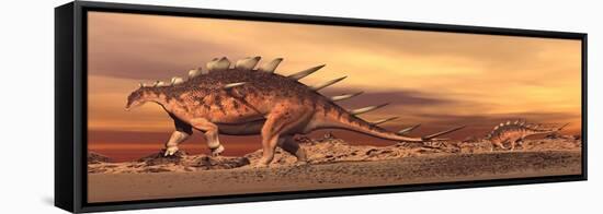 Kentrosaurus Mother and Baby Walking in the Desert by Sunset-null-Framed Stretched Canvas