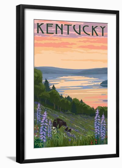 Kentucky - Lake and Bear Family-Lantern Press-Framed Art Print