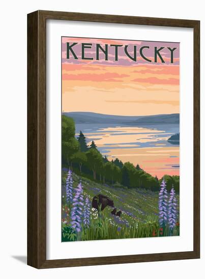 Kentucky - Lake and Bear Family-Lantern Press-Framed Art Print