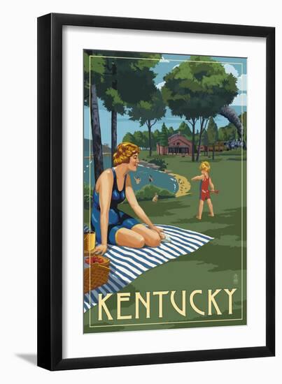 Kentucky - Lake and Picnic Scene-Lantern Press-Framed Art Print