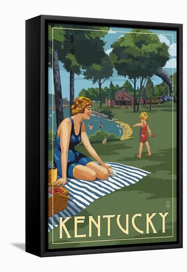 Kentucky - Lake and Picnic Scene-Lantern Press-Framed Stretched Canvas