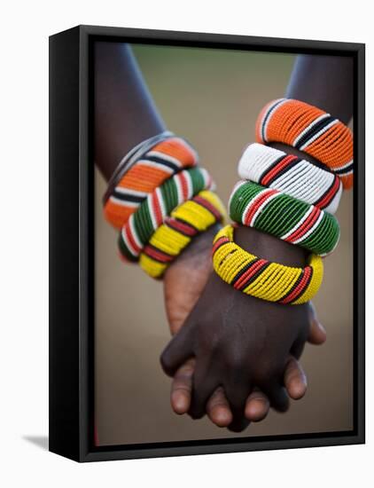 Kenya, Laikipia, Ol Malo; a Samburu Boy and Girl Hold Hands at a Dance in their Local Manyatta-John Warburton-lee-Framed Stretched Canvas