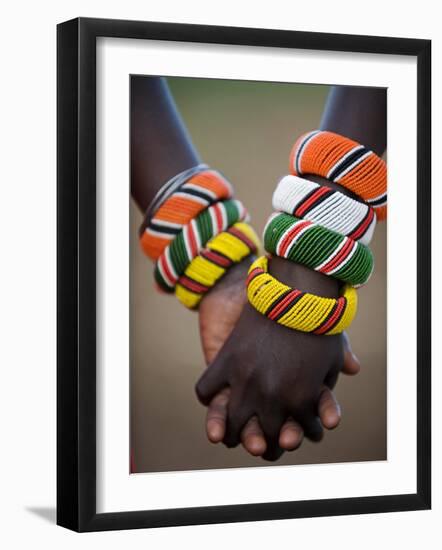 Kenya, Laikipia, Ol Malo; a Samburu Boy and Girl Hold Hands at a Dance in their Local Manyatta-John Warburton-lee-Framed Photographic Print