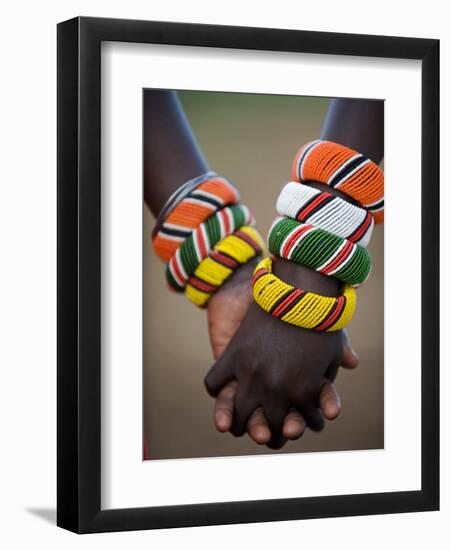 Kenya, Laikipia, Ol Malo; a Samburu Boy and Girl Hold Hands at a Dance in their Local Manyatta-John Warburton-lee-Framed Premium Photographic Print