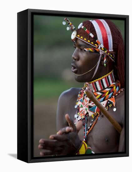 Kenya, Laikipia, Ol Malo; a Samburu Warrior Sings and Claps During a Dance-John Warburton-lee-Framed Stretched Canvas