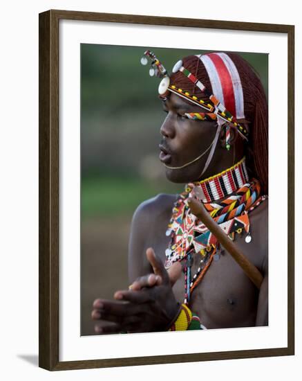 Kenya, Laikipia, Ol Malo; a Samburu Warrior Sings and Claps During a Dance-John Warburton-lee-Framed Photographic Print