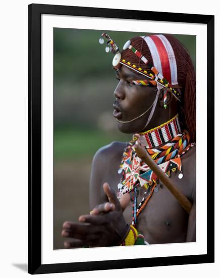 Kenya, Laikipia, Ol Malo; a Samburu Warrior Sings and Claps During a Dance-John Warburton-lee-Framed Photographic Print