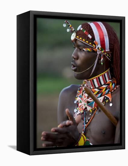 Kenya, Laikipia, Ol Malo; a Samburu Warrior Sings and Claps During a Dance-John Warburton-lee-Framed Stretched Canvas