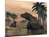 Keratocephalus Dinosaurs in a Small Lake at Sunset-Stocktrek Images-Mounted Art Print