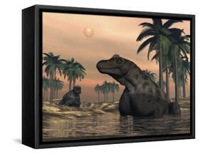 Keratocephalus Dinosaurs in a Small Lake at Sunset-Stocktrek Images-Framed Stretched Canvas