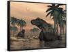 Keratocephalus Dinosaurs in a Small Lake at Sunset-Stocktrek Images-Framed Stretched Canvas