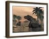 Keratocephalus Dinosaurs in a Small Lake at Sunset-Stocktrek Images-Framed Art Print