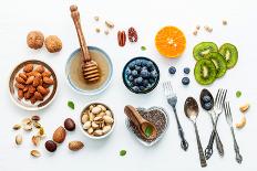 Ingredients for A Healthy Foods Background, Nuts, Honey, Berries, Fruits, Blueberry, Orange, Almond-Kerdkanno-Photographic Print