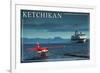 Ketchikan, Alaska - Float Plane and Cruise Ship-Lantern Press-Framed Premium Giclee Print