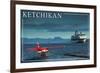 Ketchikan, Alaska - Float Plane and Cruise Ship-Lantern Press-Framed Premium Giclee Print