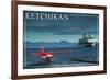 Ketchikan, Alaska - Float Plane and Cruise Ship-Lantern Press-Framed Premium Giclee Print
