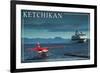 Ketchikan, Alaska - Float Plane and Cruise Ship-Lantern Press-Framed Premium Giclee Print