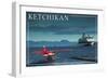Ketchikan, Alaska - Float Plane and Cruise Ship-Lantern Press-Framed Art Print