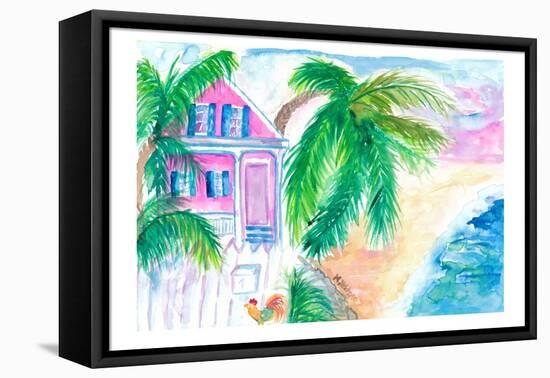 Key West Conch House And Beach with Rooster-M. Bleichner-Framed Stretched Canvas