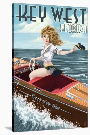 Key West, Florida - Boating Pinup Girl-Lantern Press-Stretched Canvas