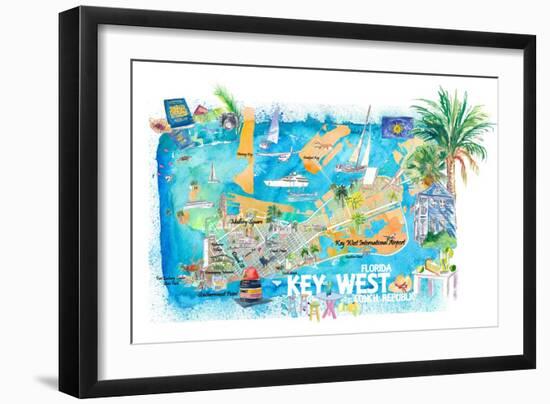 Key West Florida Illustrated Travel Map with Roads and Highlights-M. Bleichner-Framed Art Print