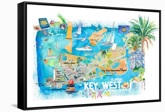 Key West Florida Illustrated Travel Map with Roads and Highlights-M. Bleichner-Framed Stretched Canvas