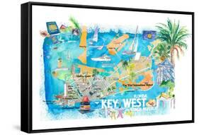 Key West Florida Illustrated Travel Map with Roads and Highlights-M. Bleichner-Framed Stretched Canvas