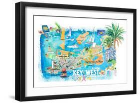 Key West Florida Illustrated Travel Map with Roads and Highlights-M. Bleichner-Framed Premium Giclee Print