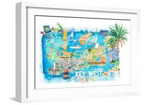 Key West Florida Illustrated Travel Map with Roads and Highlights-M. Bleichner-Framed Premium Giclee Print