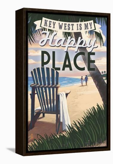 Key West, Florida is My Happy Place - Adirondack Chairs and Sunset - Florida-Lantern Press-Framed Stretched Canvas