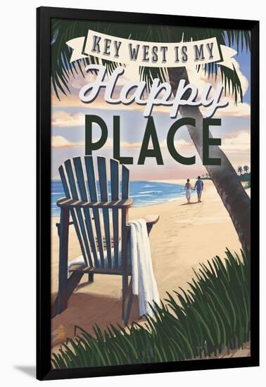 Key West, Florida is My Happy Place - Adirondack Chairs and Sunset - Florida-Lantern Press-Framed Art Print