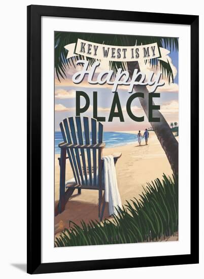 Key West, Florida is My Happy Place - Adirondack Chairs and Sunset - Florida-Lantern Press-Framed Art Print