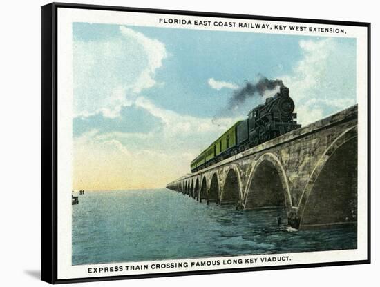 Key West, Florida - Long Key Viaduct Train Crossing Scene-Lantern Press-Framed Stretched Canvas