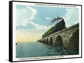 Key West, Florida - Long Key Viaduct Train Crossing Scene-Lantern Press-Framed Stretched Canvas