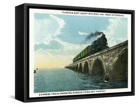 Key West, Florida - Long Key Viaduct Train Crossing Scene-Lantern Press-Framed Stretched Canvas