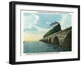 Key West, Florida - Long Key Viaduct Train Crossing Scene-Lantern Press-Framed Art Print