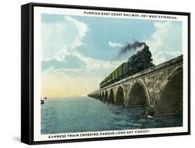 Key West, Florida - Long Key Viaduct Train Crossing Scene-Lantern Press-Framed Stretched Canvas