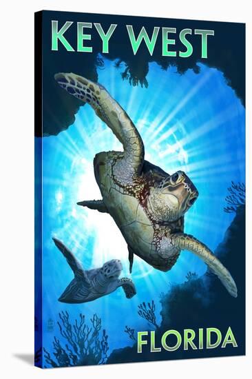 Key West, Florida - Sea Turtle Diving-Lantern Press-Stretched Canvas