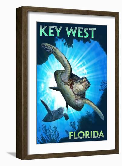 Key West, Florida - Sea Turtle Diving-Lantern Press-Framed Art Print