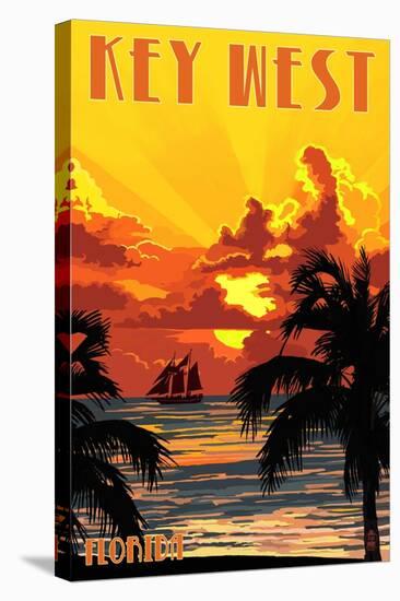 Key West, Florida - Sunset and Ship-Lantern Press-Stretched Canvas