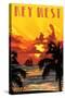 Key West, Florida - Sunset and Ship-Lantern Press-Stretched Canvas