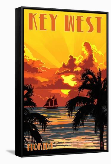 Key West, Florida - Sunset and Ship-Lantern Press-Framed Stretched Canvas